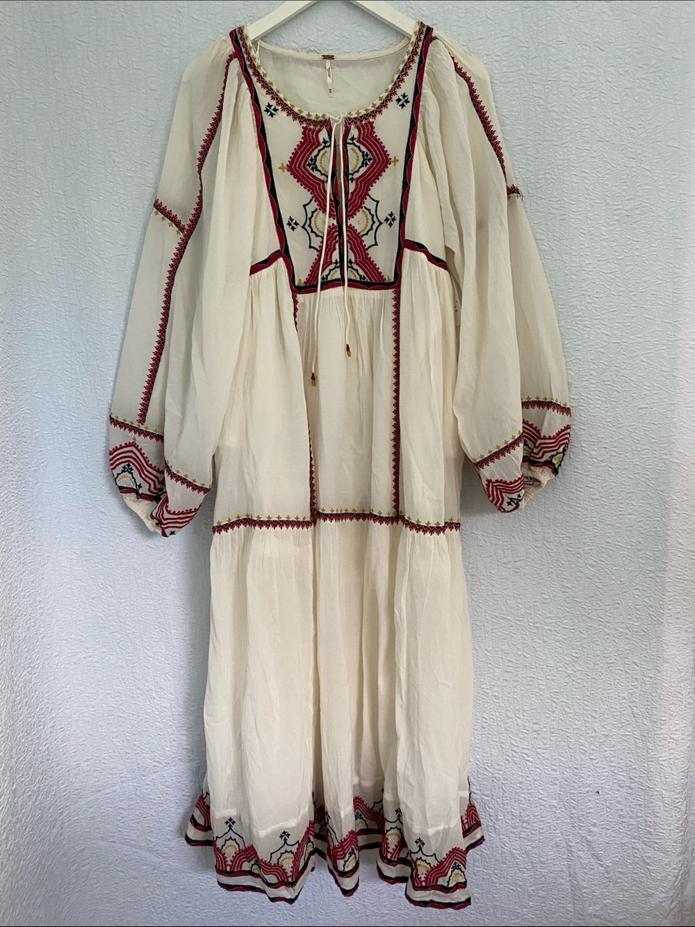 Bohemian Embroidered Cream Midi Dress with Red Accents